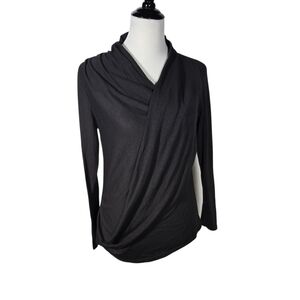 Ann Taylor Petite Large Petite Black Long Sleeve Faux Wrap Front V-Neck Blouse